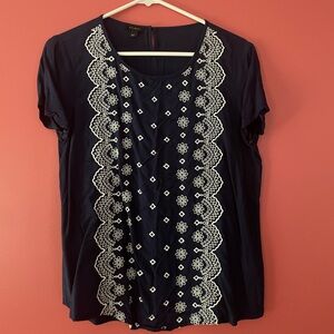 Navy Blue Women's Top with White Embroidery